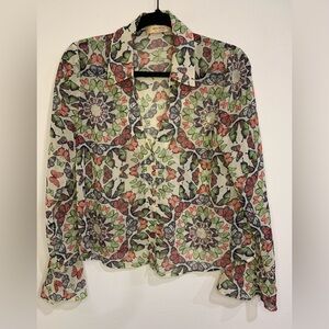 Bailey 44 Flowy Butterfly & Floral Print Blouse Collar Flare Cuff Sleeve Size S